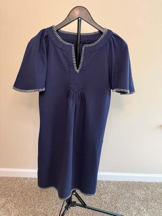 Beaulane Dresses & Skirts - Beaulane Navy Blue Split Neck Contrast Whipstitch Trim Mini Dress with Pockets-S